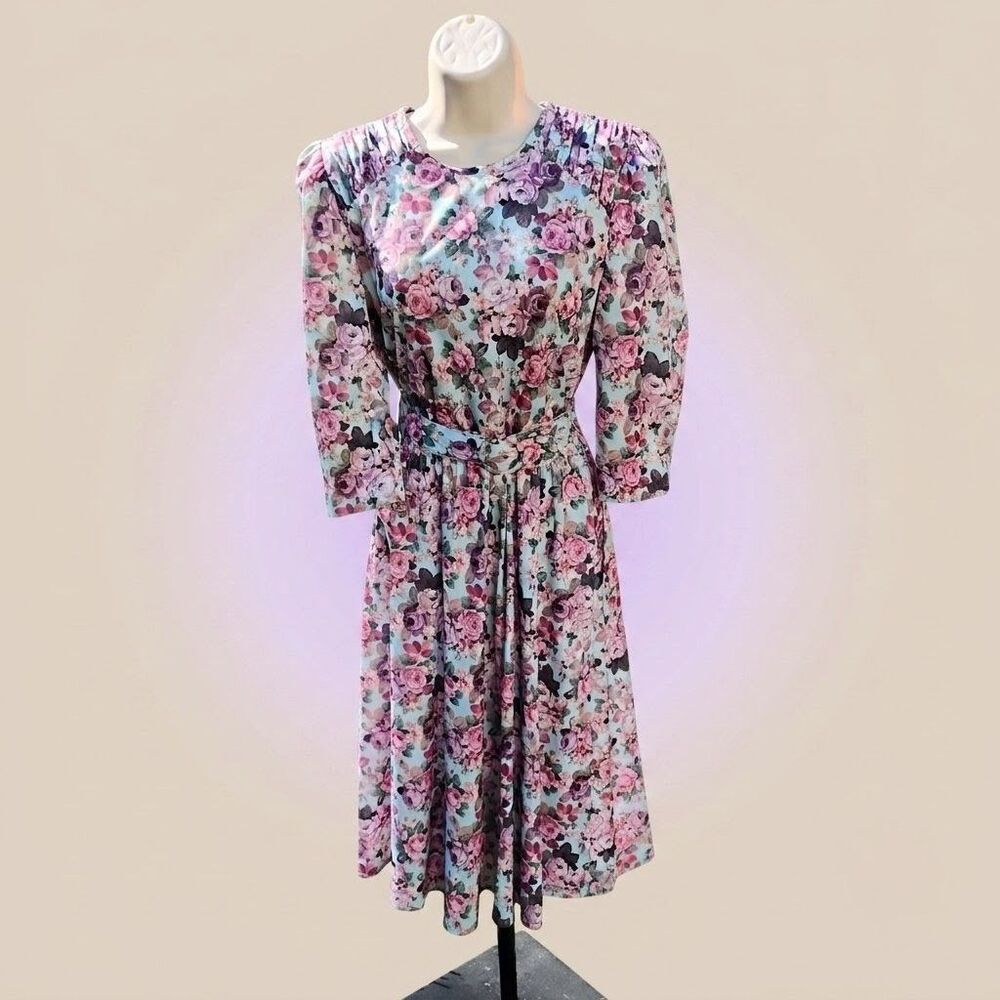 Vintage 80s Tabby of California Floral Midi Dress Petite 6P Belted Cottagecore